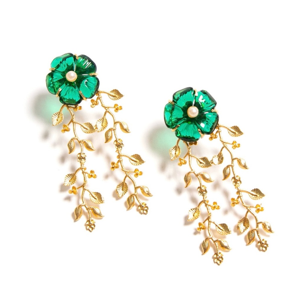 Gal Meets Glam x Nicola Bathie ♡ Emerald Floral Gold Vine Earrings